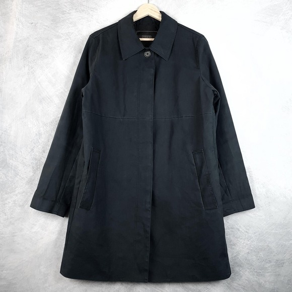 Coach Trench Coat Womens Large Black Polyurethane Lined Signature Button Jacket - Picture 1 of 16